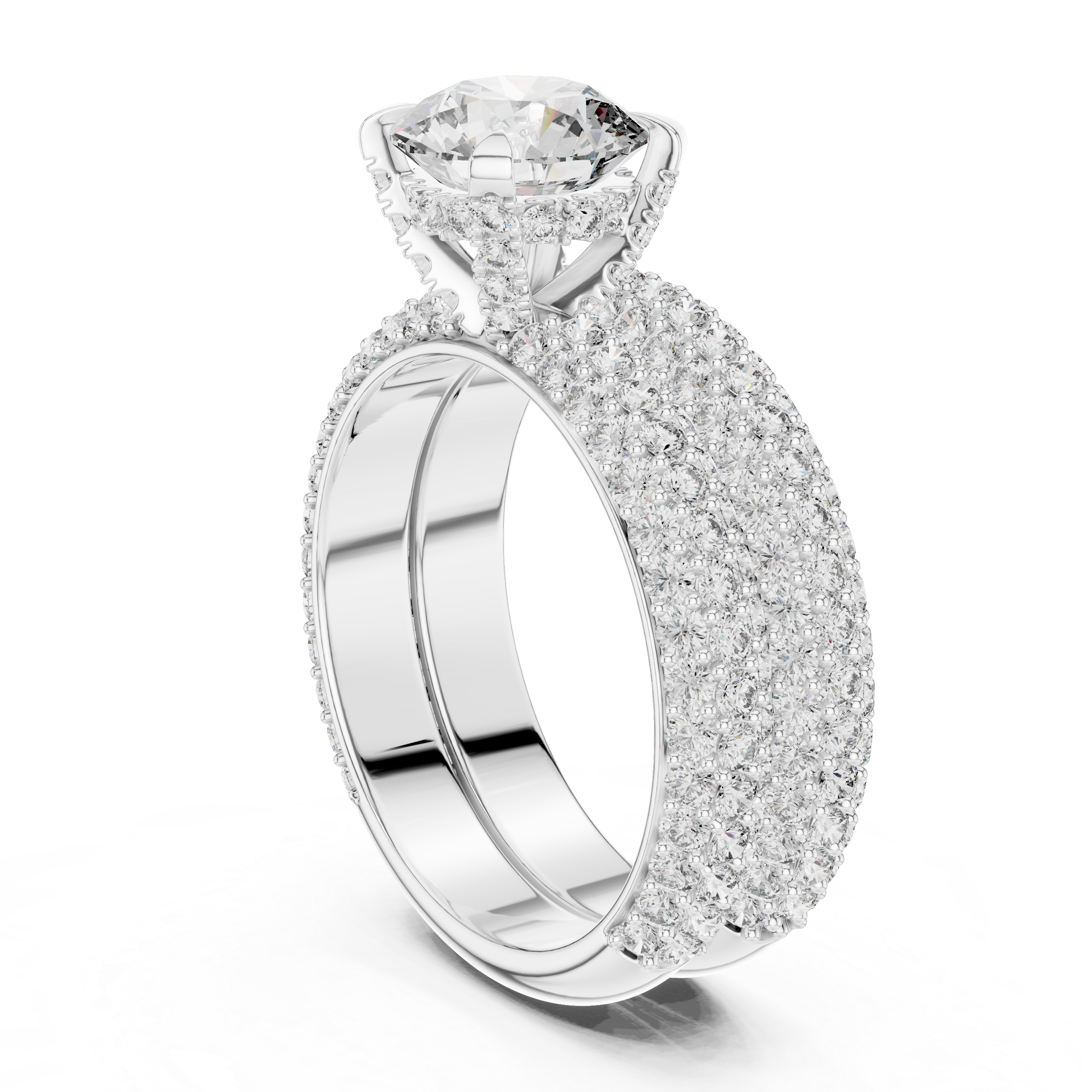 Silver ring with a large central gemstone and smaller stones on the band against a white background